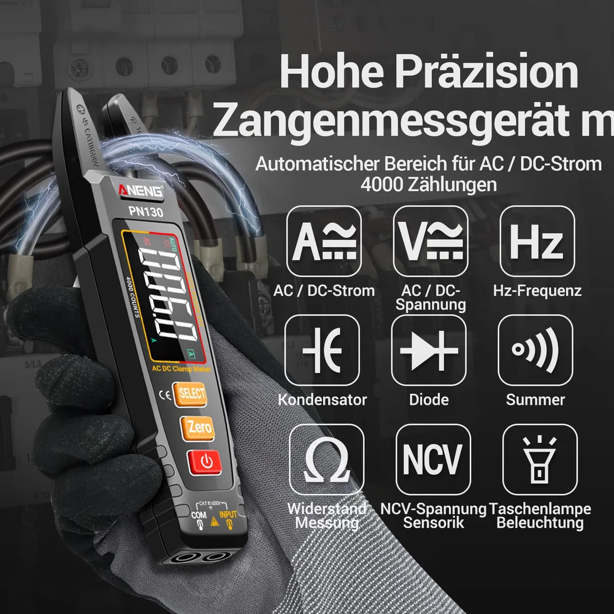 ANENG Multimeter Stromzange,Farb-LCD Wiederaufladbarer U-förmiger Strommesszange,4000 Counts mit Wechselstrom/Gleichstrom Strom,Spannung,Widerstand,Kapazität,berührungslose Spannungserkennung Werkzeug