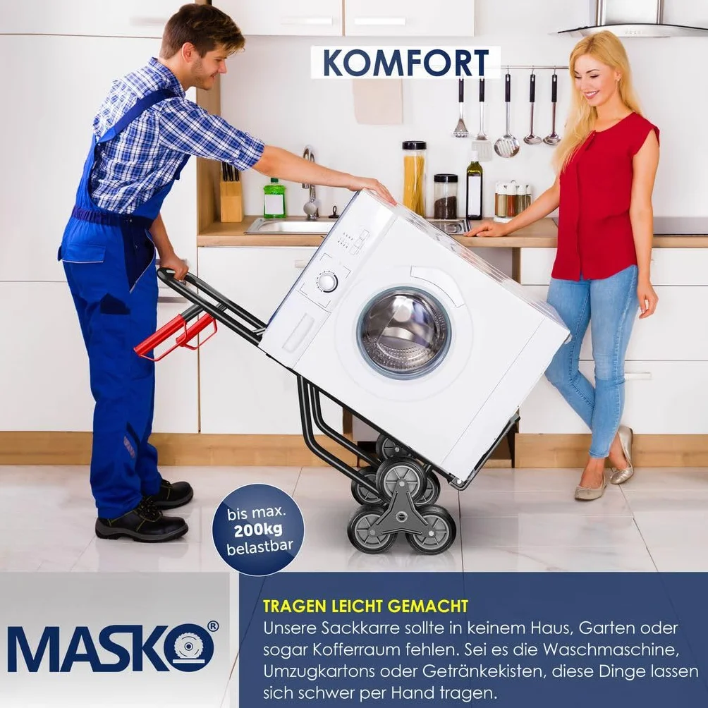 MASKO® Treppenkarre Sackkarre 200kg Transportkarre Treppensteiger Stapelkarre,klappbar Treppensackkarre Hartgummireifen| Kunststoff Griffe | Stahl Rahmen | 3-Fach Sternräder |Inkl. Handschuhe,Schwarz