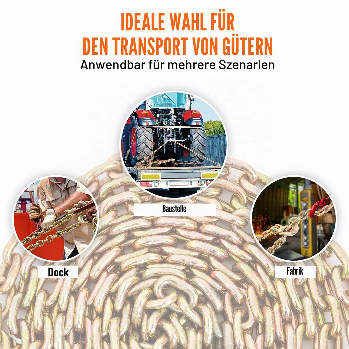 VEVOR Abschleppkette 9,53 mm x 6 m Rückekette 3220 kg Tragfähigkeit G80 Transport Binderkette Stahl Forstkette Stahlkette robuste Kette zum Heben, Laden, Abschleppen und Festbinden usw.