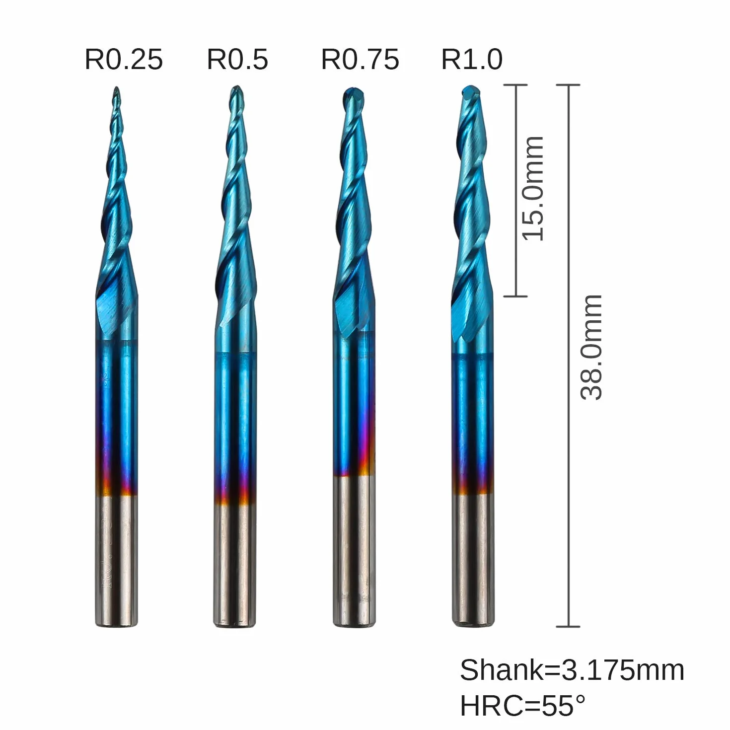 Genmitsu 4 Stück 2-Nuten- Kugelkopffräser mit konischer Spitze, Vollhartmetallfräser mit Nano Blue-Beschichtung, R0,25mm-1,0mm, 3,175mm (1/8 Zoll) Schaft, TB04A