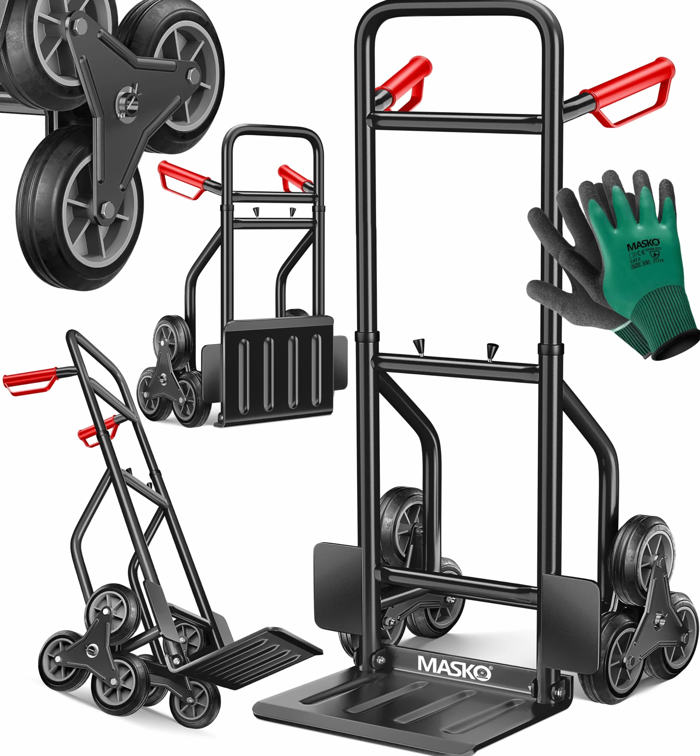 MASKO® Treppenkarre Sackkarre 200kg Transportkarre Treppensteiger Stapelkarre,klappbar Treppensackkarre Hartgummireifen| Kunststoff Griffe | Stahl Rahmen | 3-Fach Sternräder |Inkl. Handschuhe,Schwarz