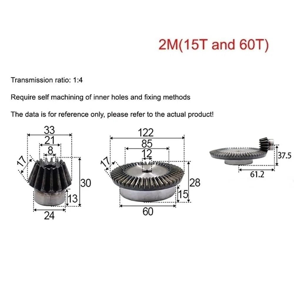 1 Satz 1:4-1:8 45# Mechanisches Kraftübertragungsgetriebe aus Stahl, 0,8/1/1,25/1,5/1,75/2/2,5 Modul-Kegelrad(2M*15 * 60)