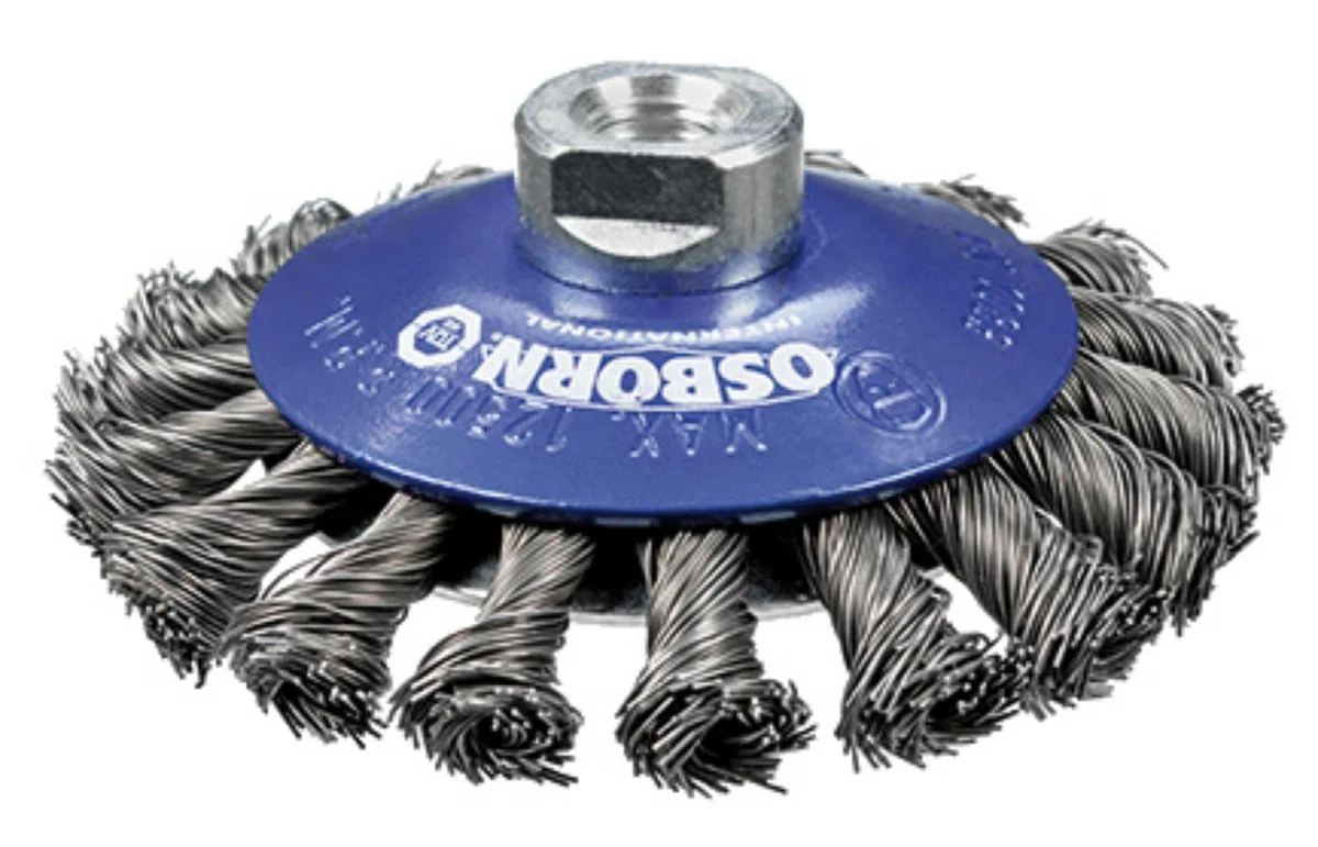 Osborn Kegelbürste für Winkelschleifer 125 mm, Kegelbürste D125x15 mm Gewinde M14x2,0 gezopfter Stahldraht 0,50 mm TÜV geprüft, Blau, 2902632151