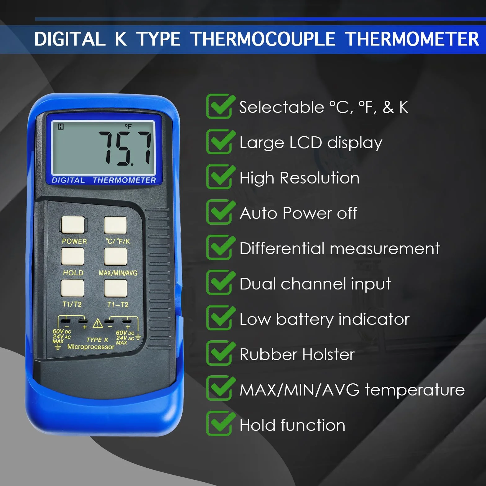 Digitalles Thermometer Dual-Kanal K-Typ Thermoelement Thermometer mit 4 Temperatursensoren - MAX/MIN/AVG & Differenzmessung für Öfen, Öfen, Schmelzöfen, geschmolzenes Metall
