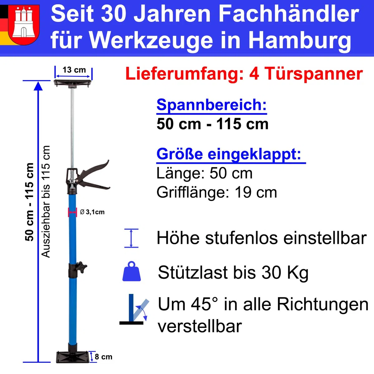 4 Stk. Türspanner Türfutterstrebe Türspreizer 50-115cm Türmontagehilfe Zargenspanner