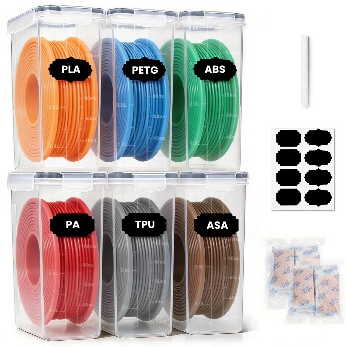 Filament Aufbewahrungsbox, 6 Stück Filament Box für 3D-Druck-Filament Versiegelung und Schutz, Wasser- und Staubdichte Filamentaufbewahrung mit Trockenmittel & Etiketten 4,0L