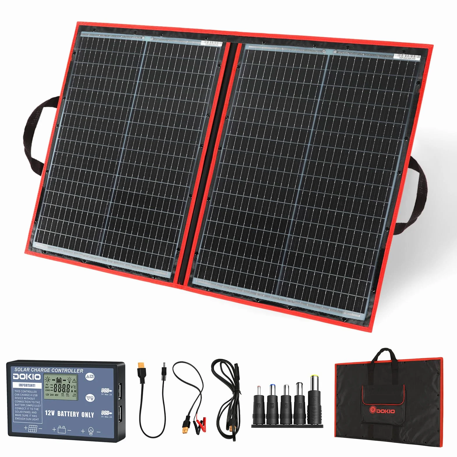 DOKIO Solarpanel Faltbar 100W Monokristalline Solarmodule Tragbar mit Solarladeregler (LCD Anzeige + 2 USB Ausgang), PV Kabel (3 Meter), 5 DC Adapter