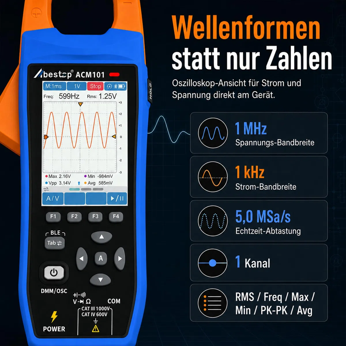 3-in-1 AC/DC Stromzange mit Oszilloskop, Bluetooth-App-Steuerung und CSV-Datenaufzeichnung, True RMS, 1000A/1000V, Einschaltstrom, NCV, 20.000 Zählwerte, wiederaufladbar für Elektro-, HLK- und Kfz-Ser