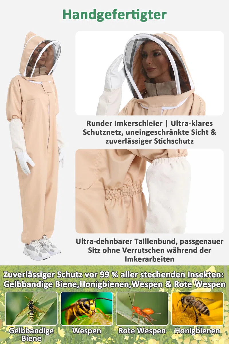 Imkeranzug Herren & Damen | Bienenanzug für Herren | Bienenschutzkleidung Ganzkörper Imkerei Schutzanzug | Unisex Weiß Imker Kostüm mit Schleier, Handschuhe (L)