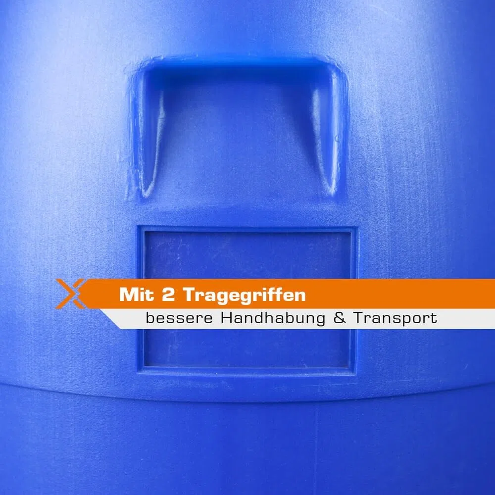 HEMMDAL Spannringfass 85 Liter | Lebensmittelecht | BPA-freier Kunststoff | Stapelbar | 2 Tragegriffe | 340 mm Öffnung | Made in Europe | Mit Deckel | Rund | Blau