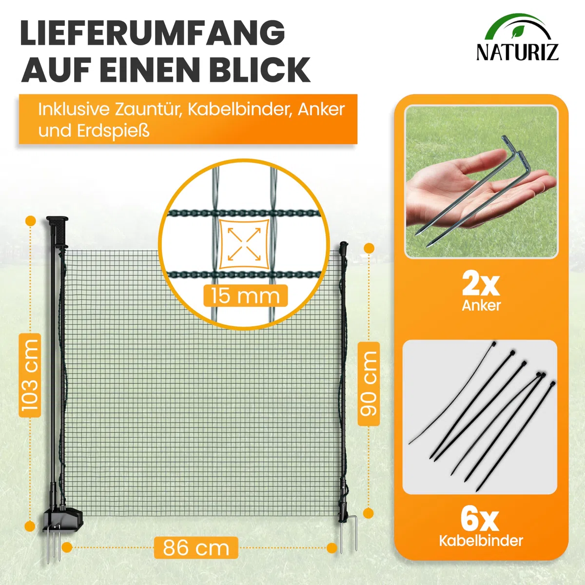 NATURIZ® Weidezaun Tor mit Einhand-Öffnung – mobiles Zauntor für Camping, Garten & Weide – Weidetor mit schnellem Auf- & Abbau, ohne Strom