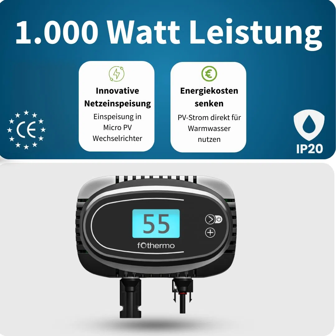 fothermo Solar Heizstab Komplettset 1000W mit 4x Aiko 500Wp PV Modulen – Photovoltaik Warmwasserbereitung für Boiler & Warmwasserspeicher – Plug & Play ROD-1000