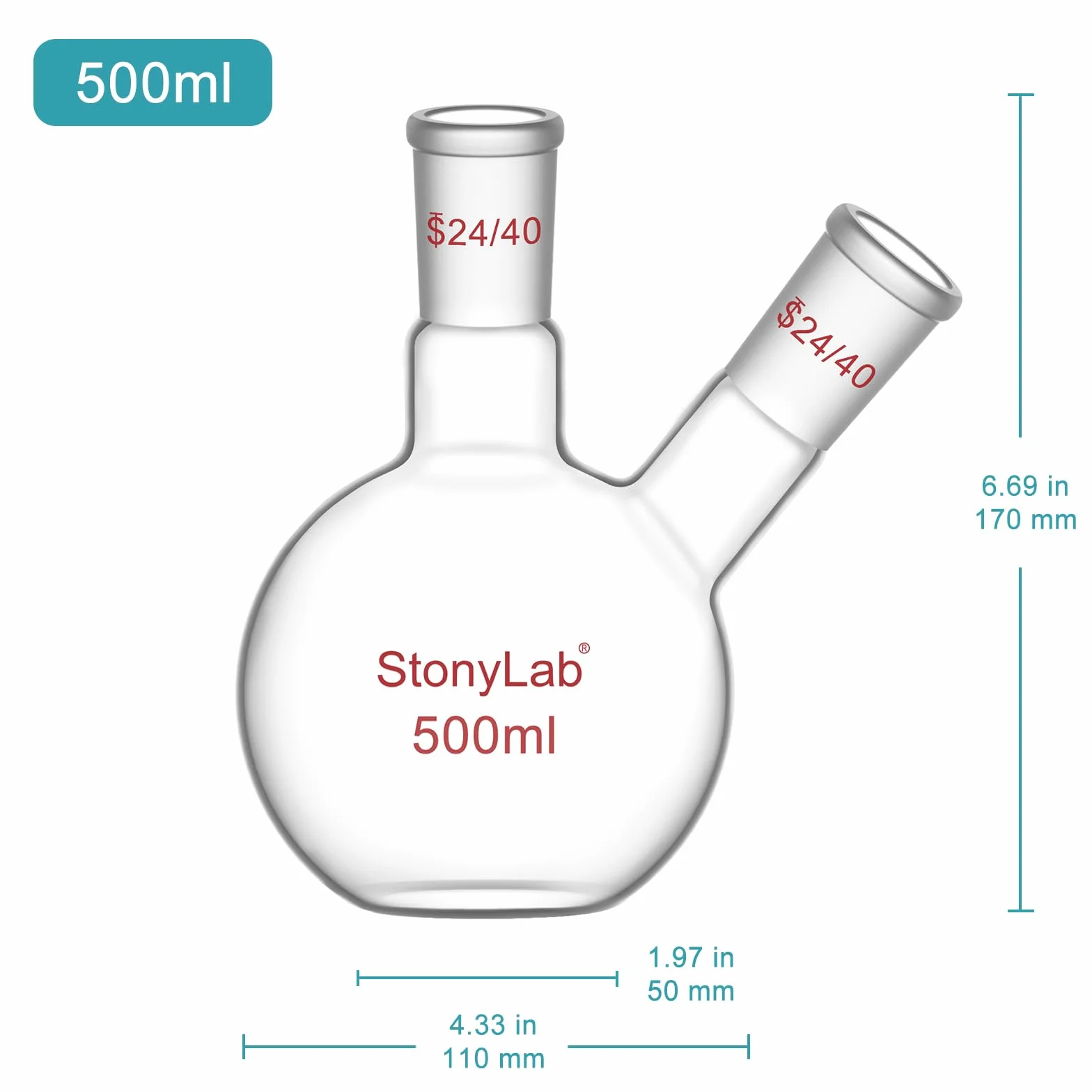 stonylab Flachbodenkolben FBF, Schwerwandiger 2-Hals-Laborkolben Borosilikatglas Flachboden Siedekolben mit 24/40 Standard-Gelenk, 500 ml