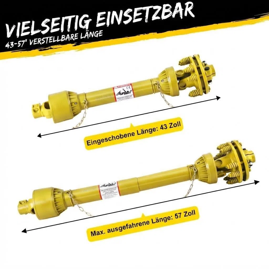 Serie 4 Zapfwelle Gelenkwelle mit Rutschkupplung, 1 3/8 Zoll 6 Zahn beidseitig, Teleskop 109–145 cm, Einsatzgehärteter Stahl, für Traktor Mulcher Kreiselmäher Sichelmäher, Schwerlast PTO Welle Gelb