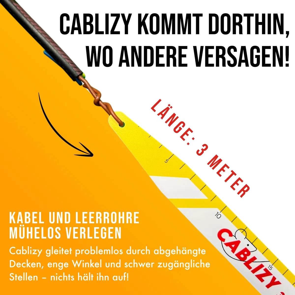 Kabeleinziehhilfe 3m | Flexibles Kabel Einziehband für Elektriker & Handwerker | Werkzeug für Kabeldurchzug in Leerrohren, Decken, Wänden & engen Bereichen