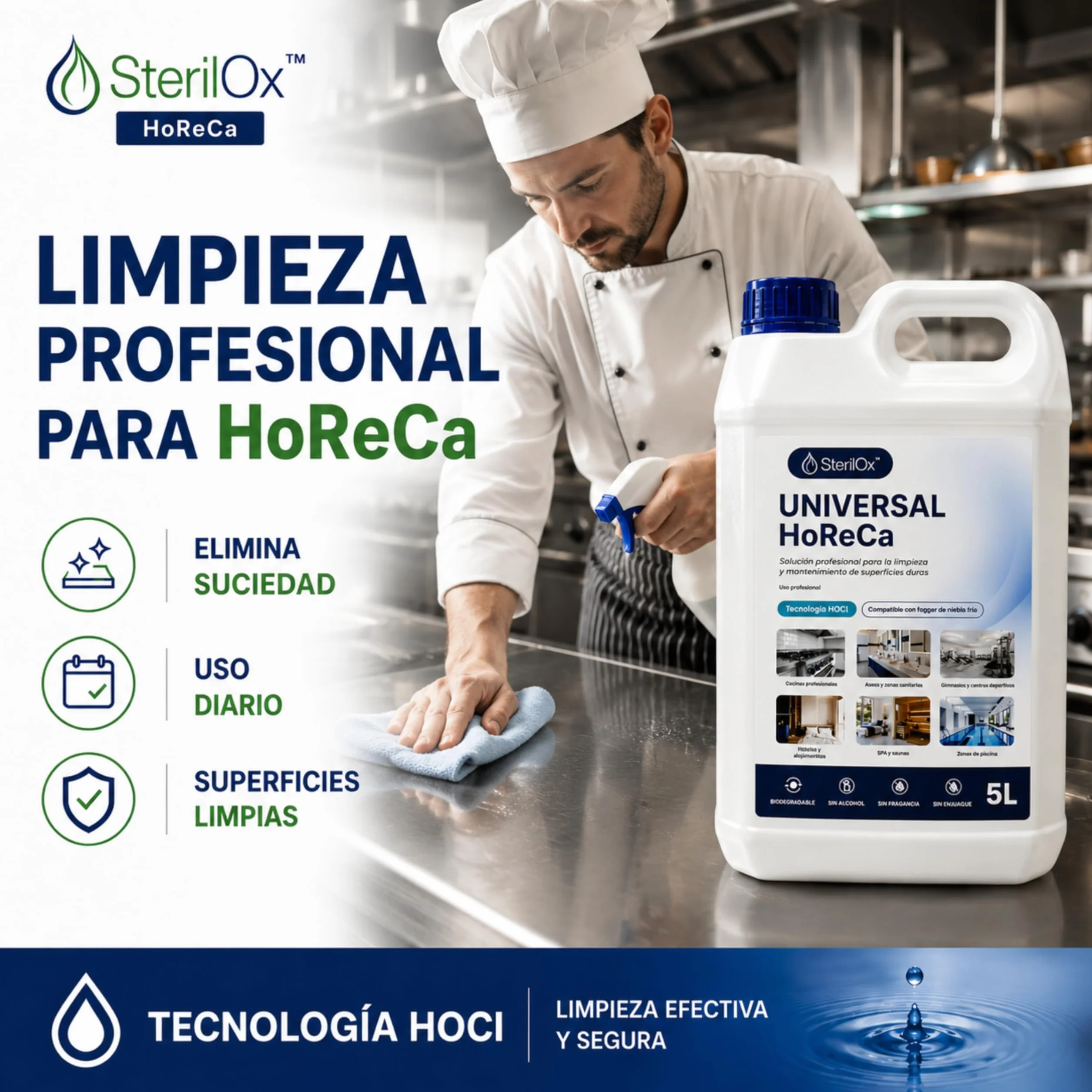 Universal HoReCa 5L — Professionelles Reinigungsmittel mit Hypochloriger Säure HOCl — Alkoholfrei, Kein Nachspülen — Für Küchen, Hotels, SPA, Fitnessstudios — Geeignet für Fogger