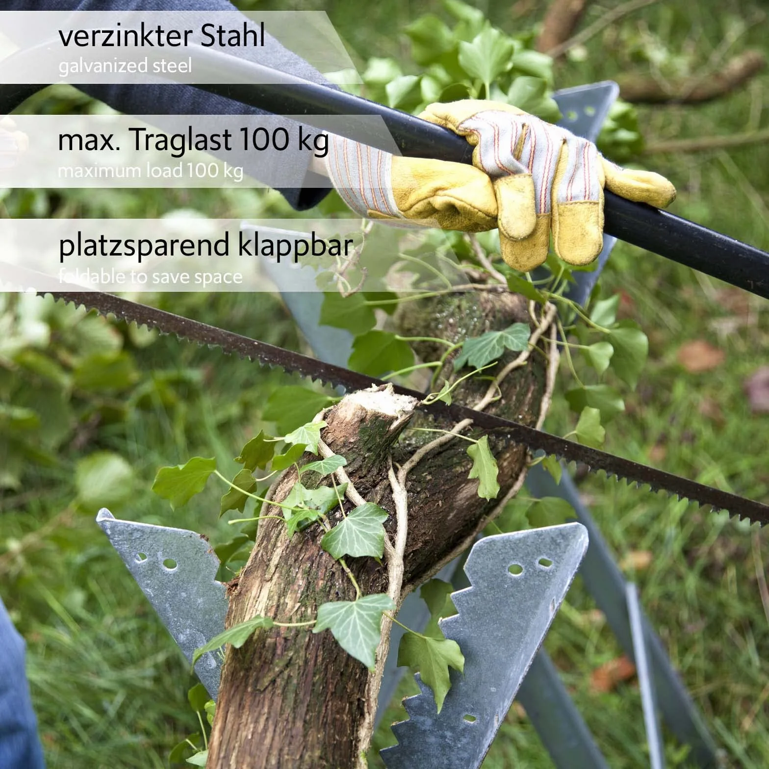XPOtool Sägebock verzinkt klappbar, 81x82x80 cm, mit 4 Haltern und Zahnung, Holzschneidebock als Sägehilfe, bis 100 kg