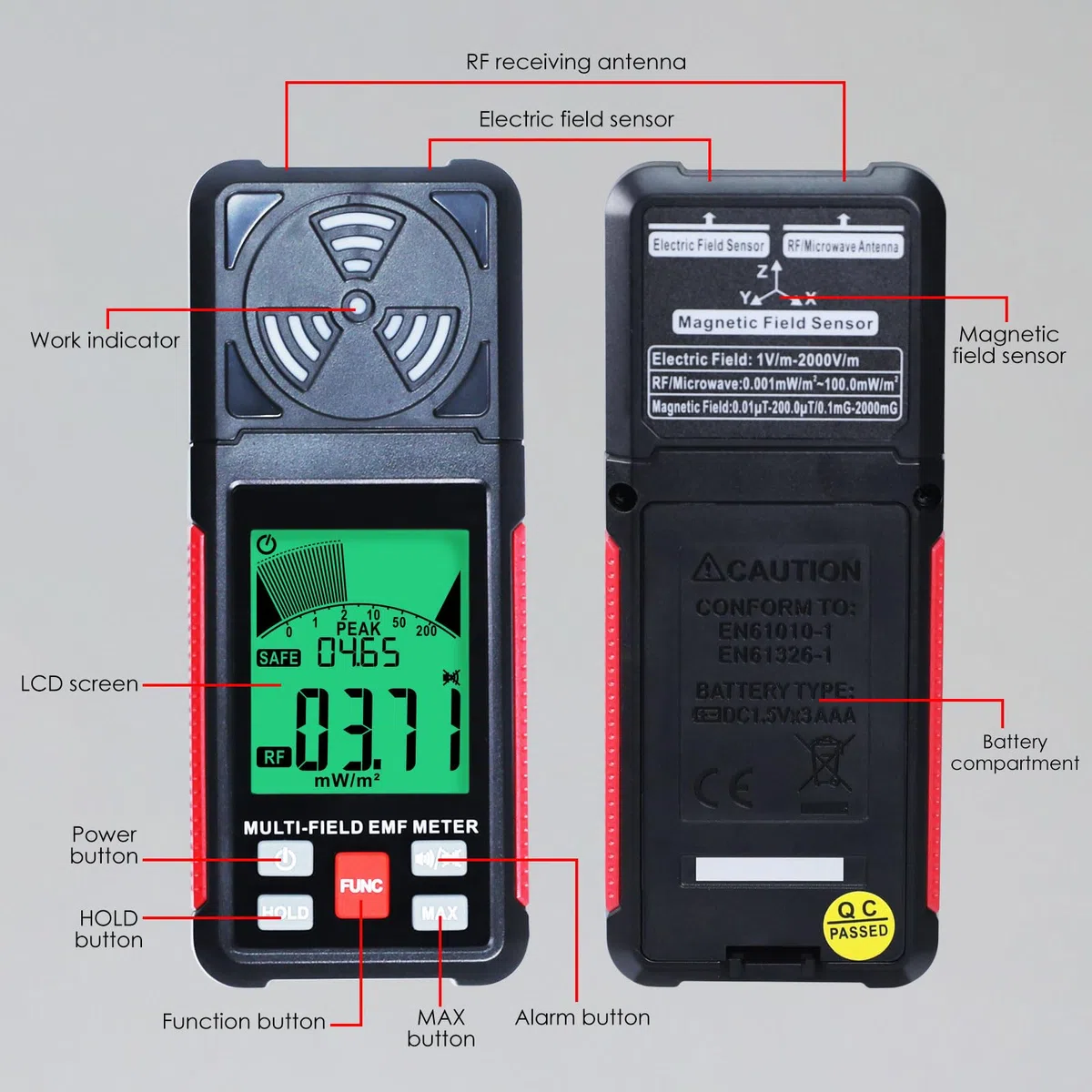 EMF Messgerät Strahlungsdetektor Digitaler Elektromagnetische Felder Handgehaltener EF/MF/RF Elektromagnetische Strahlung Messgerät mit LCD Alarm EMF-Inspektionen für Zuhause, Büro, Outdoor