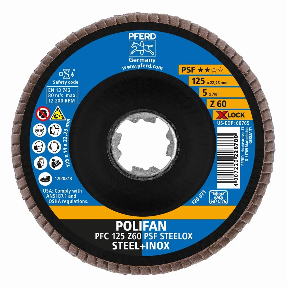 PFERD TOOLS Fächerscheibe POLIFAN, 10 Stück, 125mm, Z60, X-LOCK (22,23 mm), PSF STEELOX, 67666126 – für hohe Wirtschaftlichkeit durch aggressive Zerspanung bei guter Standzeit