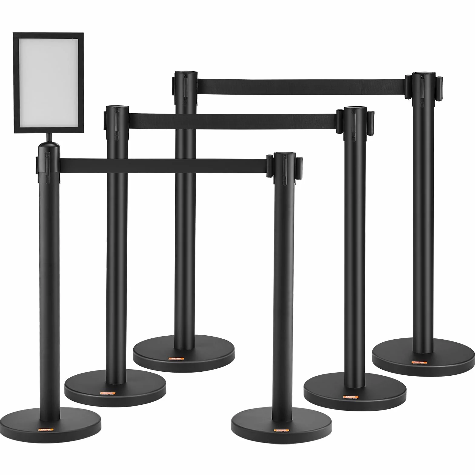 VEVOR Personenleitsystem Absperrband Absperrständer 6-teilig, 2 m x 48 mm Schwarzer Einziehbarer Gürtel, Personenleitsystem Absperrpfosten mit Schildern für Flughäfen, Messen, Wettkampforte usw.