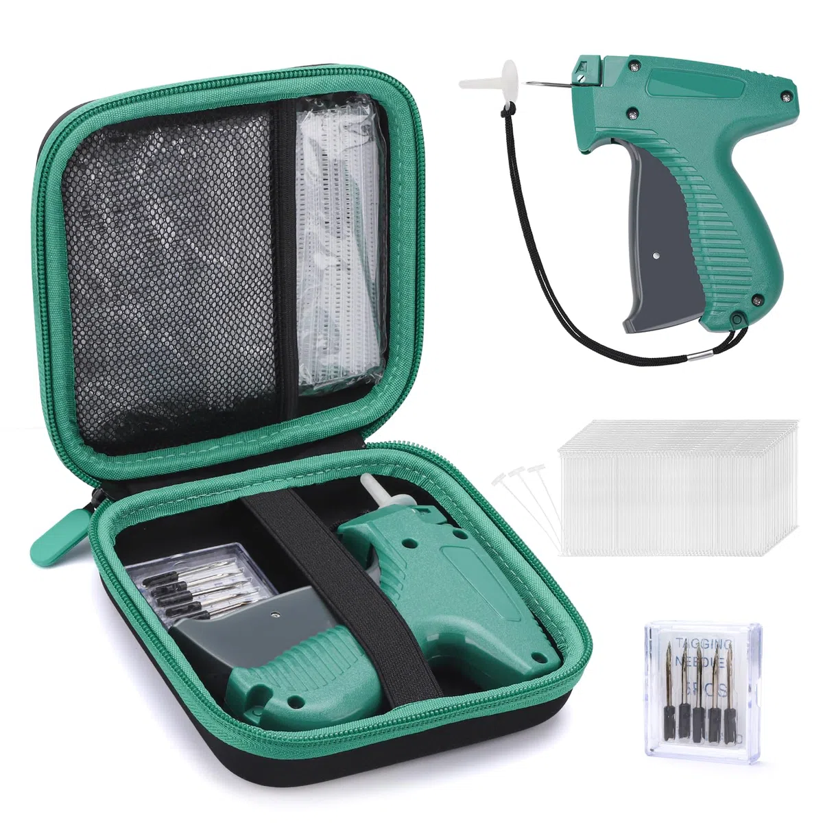 Kleidung Tag Gun Kit mit feinem Nadelstich, Aufbewahrungskoffer, 6 Mikronadeln, 1008 weiße Mikroverschlüsse, Mini Stitch Tag Gun Aufsatz für Zuhause, Geschäfte, Lager (Grün)