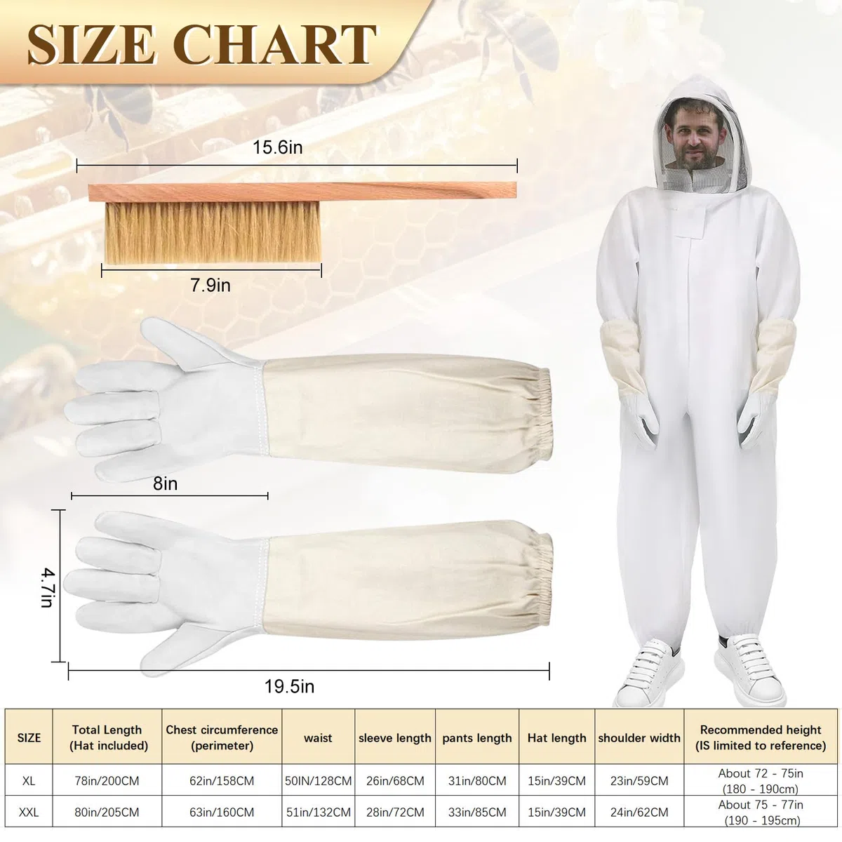 Imkeranzug Imkerei Anzug Ganzkörper Schutzanzug Schutzbekleidung mit Schleier, Kapuze, Handschuhe, Schutz Bienen-Outfit für den Garten und Imkereibedarf (XL)