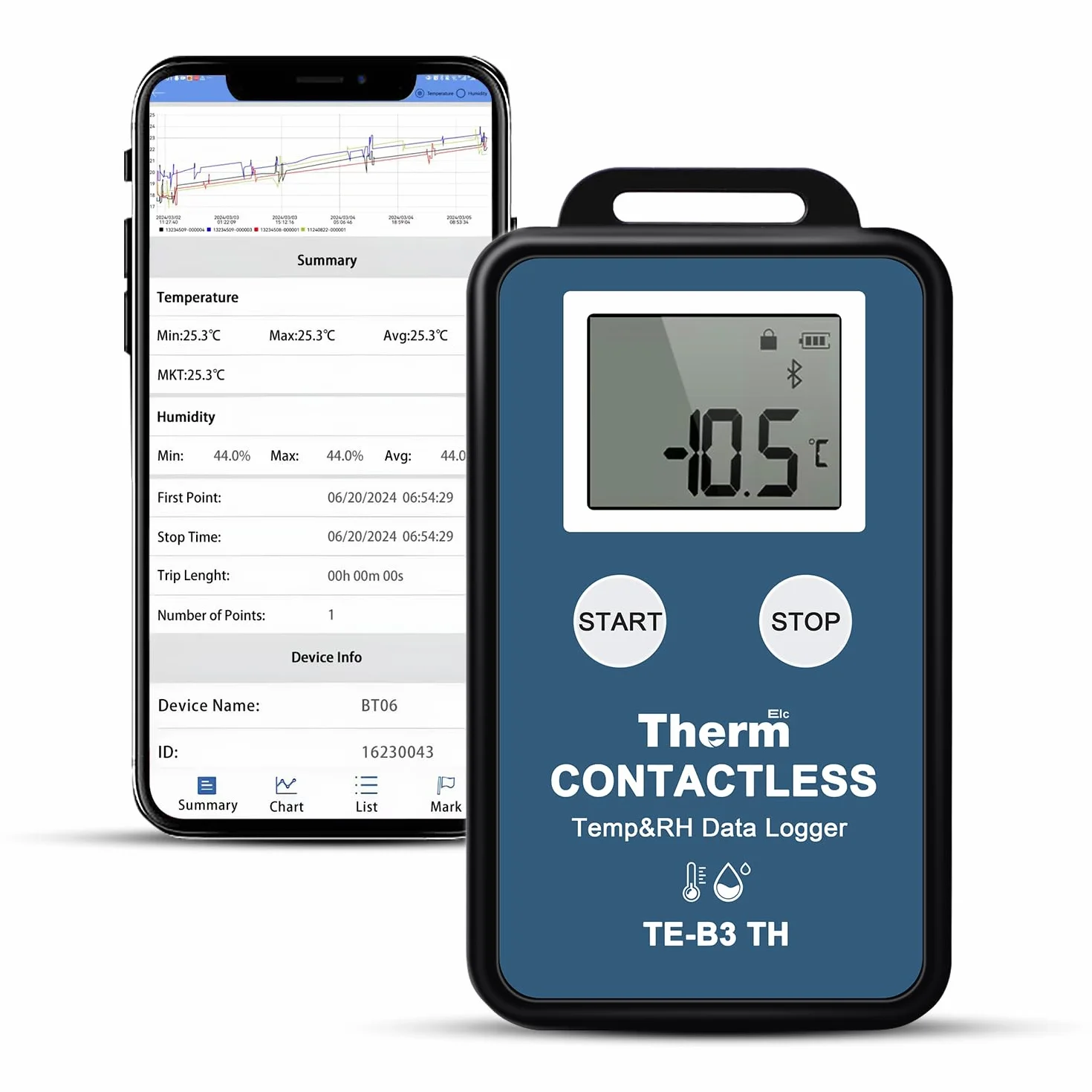ThermElc TE-B3 Bluetooth datenlogger temperatur luftfeuchtigkeit, 300 m Reichweite,32.000 Messpunkte,LCD-Display, PDF&CSV-Berichte, professioneller Sensor für Temperatur und Feuchtigkeitskartierung