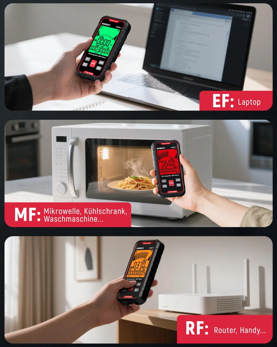 KAIWEETS EMF Messgerät, Gleichzeitige Anzeige von EF/MF/RF-Daten, LED-Display, Typ-C-Ladeanschluss, Tragbar für Zuhause, Büro und Außenbereich