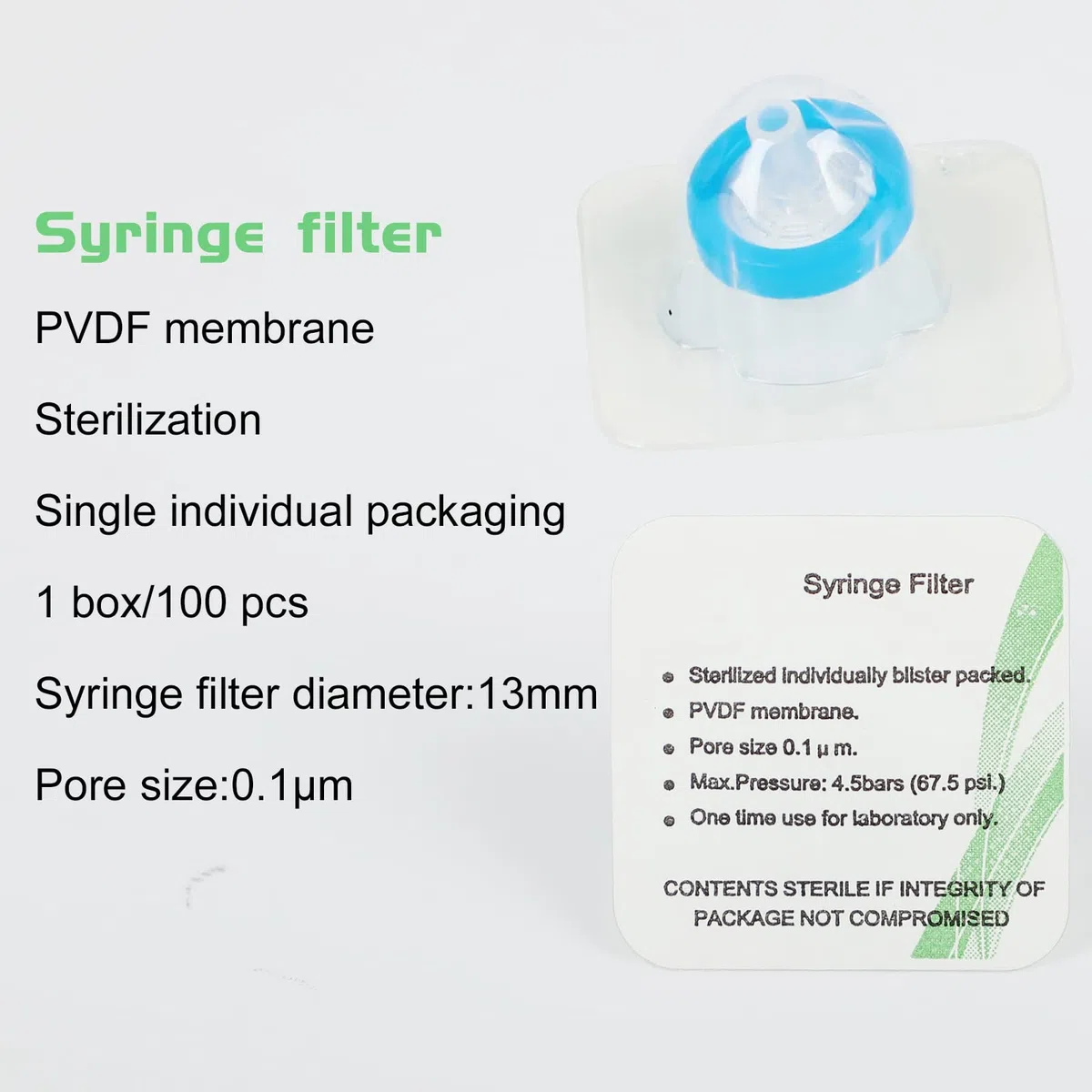 Spritzenfilter Sterile PVDF Membran Nadel Filter für Wissenschaftliche Labor Spritze Filter, 100 Stück, 0.1μm 13mm, Blau