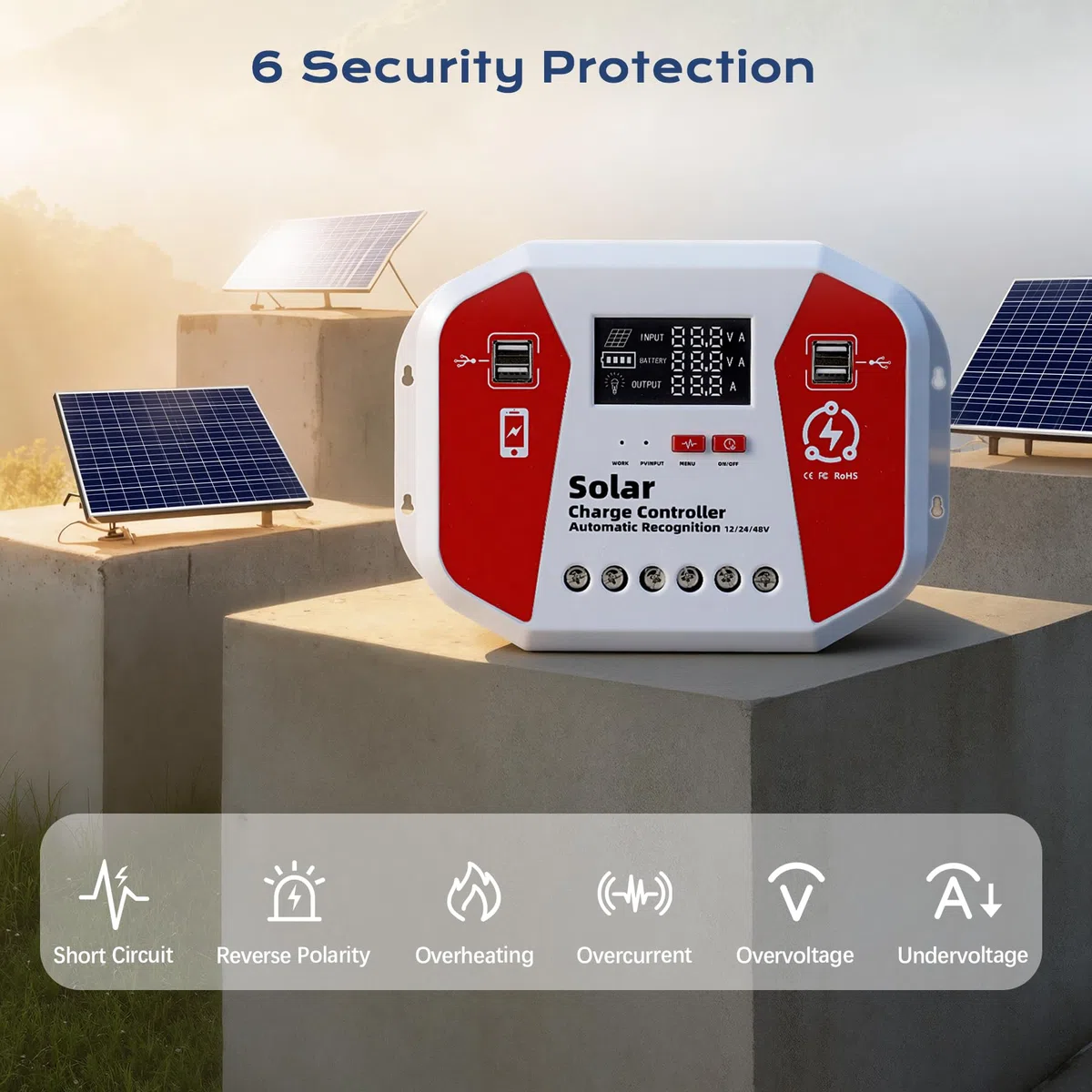100A Laderegler Solar 12V/24V/48V, Mit LED-Display, 4 USB-Anschlüssen, Solarpanel-Regler Intelligente PWM, Vollständiges 3-Stufen-Lademanagement Für AGM/Lifepo4/NCM Im Wohnmobil Solar System