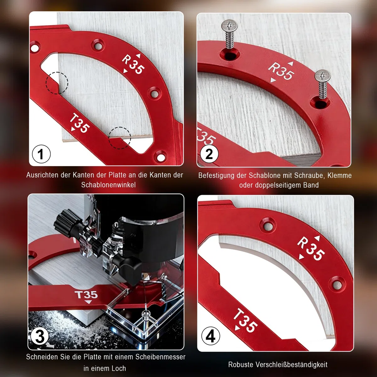 7 Stück Frässchablone Oberfräse, Aluminium Eckradius- Frässchablone Oberfräse für Holzbearbeitung, R10–R60 T10–T60, 3-in-1 Radius Jig für perfekte Innen, Außenrundungen & Fasen