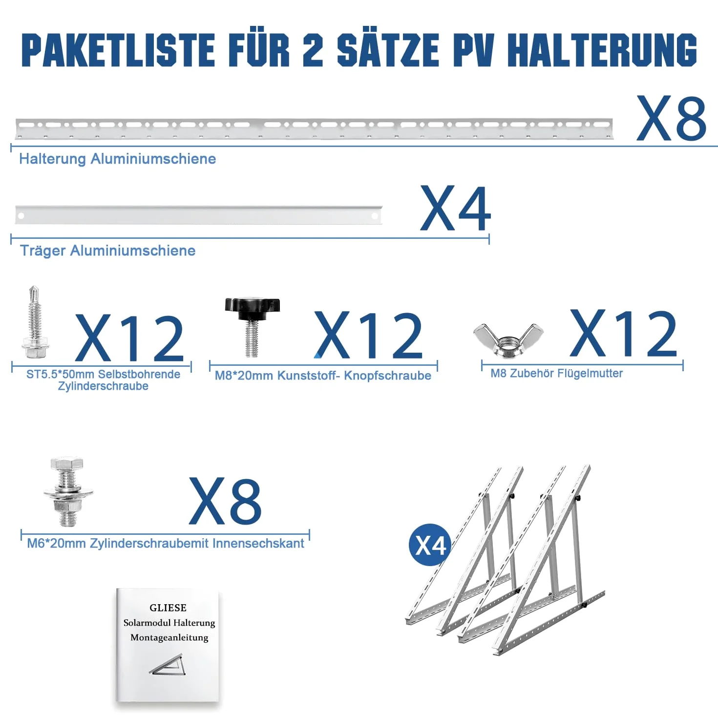 GLIESE Solarmodul Halterung 114 cm (2er-Set),Solarpanel Halterung,Balkonkraftwerk Halterung,Verstellbarer Winkel Von 0° bis 90°,Aluminium Halterungen Flachdach für 100 W-600 W, 0% MwSt.