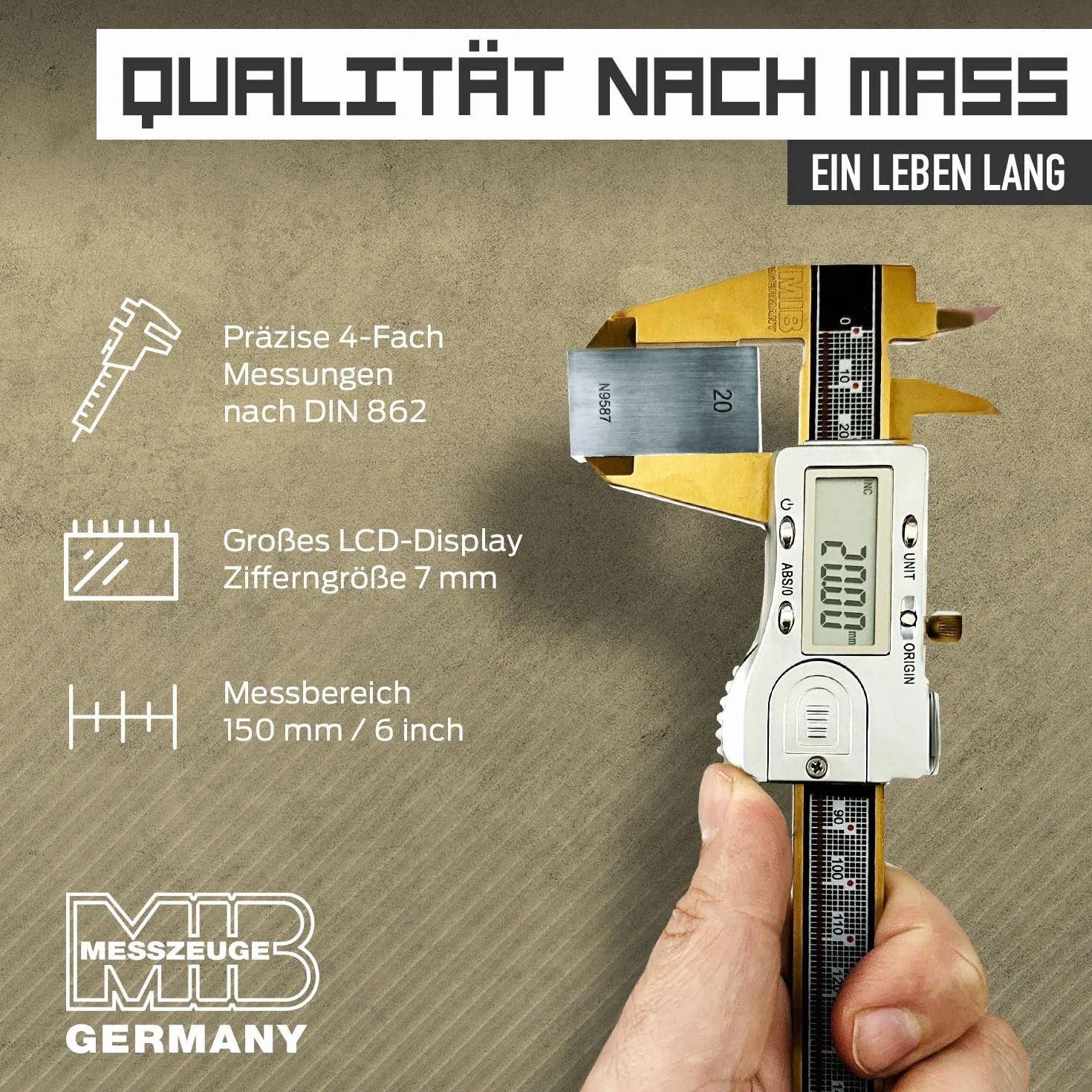 MIB Digitaler Messschieber mit Absolut-System & TiN-Beschichtung DIN 862 150mm | Präzisionsmessgerät | 4-fach Messung | Kalibrierung | Digitalwerkzeug Set mit 3V Batterie & Kunststoffbox