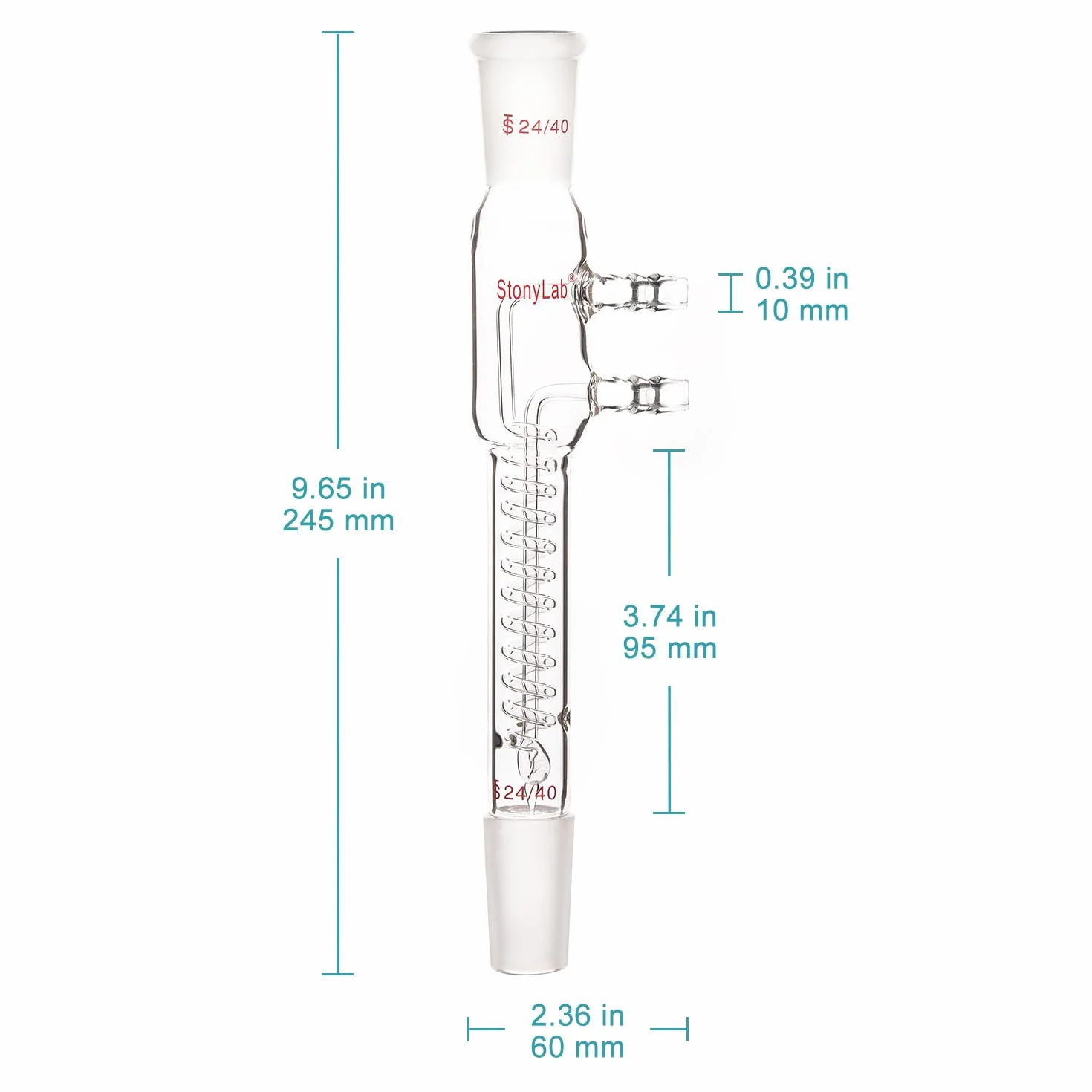 stonylab Glas Coil Reflux Kondensator, Borosilikat Glas Dimroth ReFlux Kondensator mit 24/40 Gelenk und Schlauchanschlüsse, 245 mm Gesamtlänge Coil Reflux Condenser