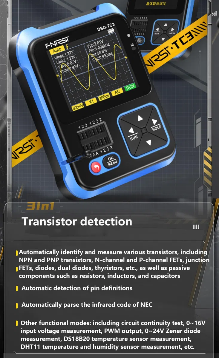 WANGCL TC3 - Tragbares 3-in-1-Oszilloskop, ESR-Tester, 2,4-Zoll-TFT-Display, 1500 mA, digitales Mini-Oszilloskop, 200 kHz Bandbreite und 2,5 MS/s Abtastrate