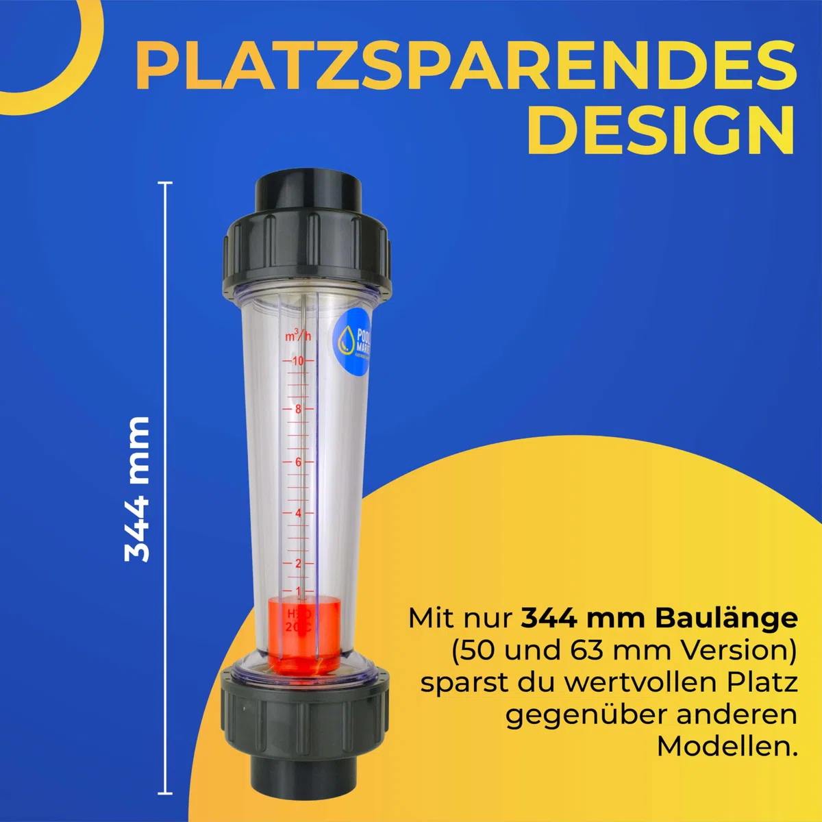 Durchflussmesser Pool 50mm, kompakt, 344mm Länge, Salt-Protect für Salzelektrolyse geeignet, Messbereich 1-10 m³/h, PoolMarie