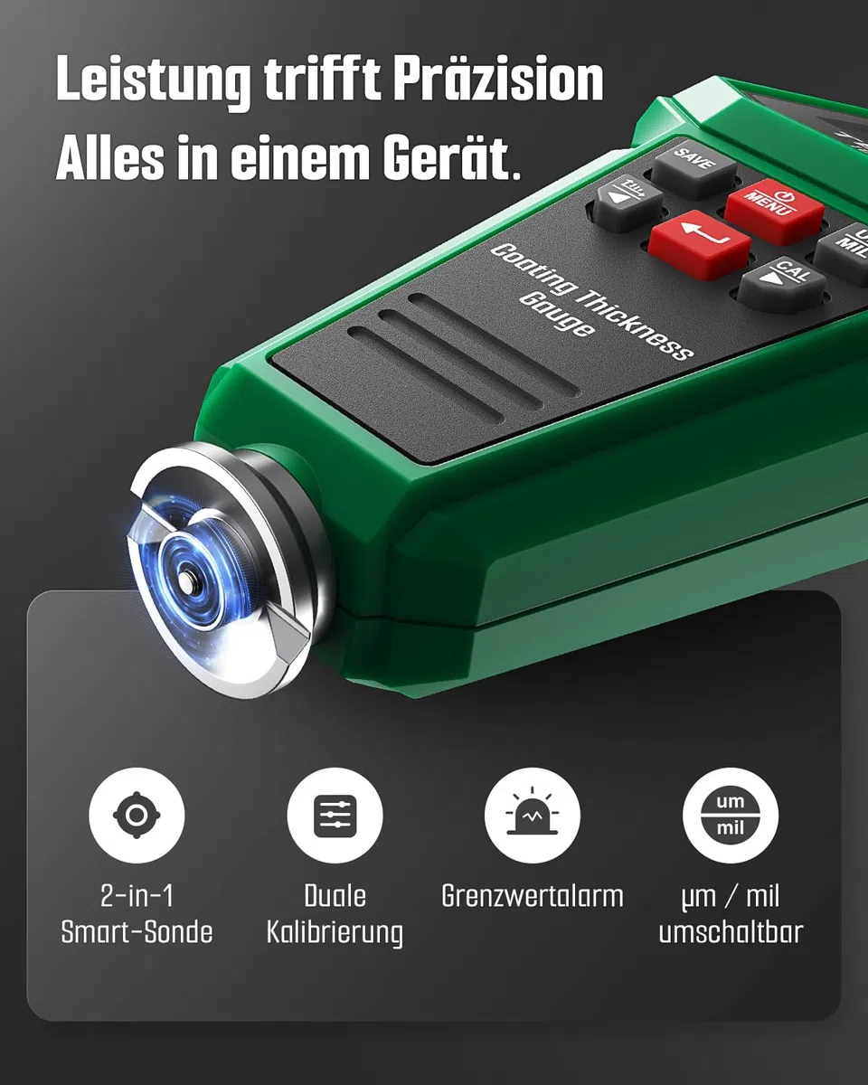 TESMEN TCG-2001 Lackschichtdickenmessgerät für Autos, Digitales Lackmessgerät mit Balkendiagramm, 4-Wege-Farbdisplay mit Hintergrundbeleuchtung, Alarm, Fe/NFe-Sonde – Grün