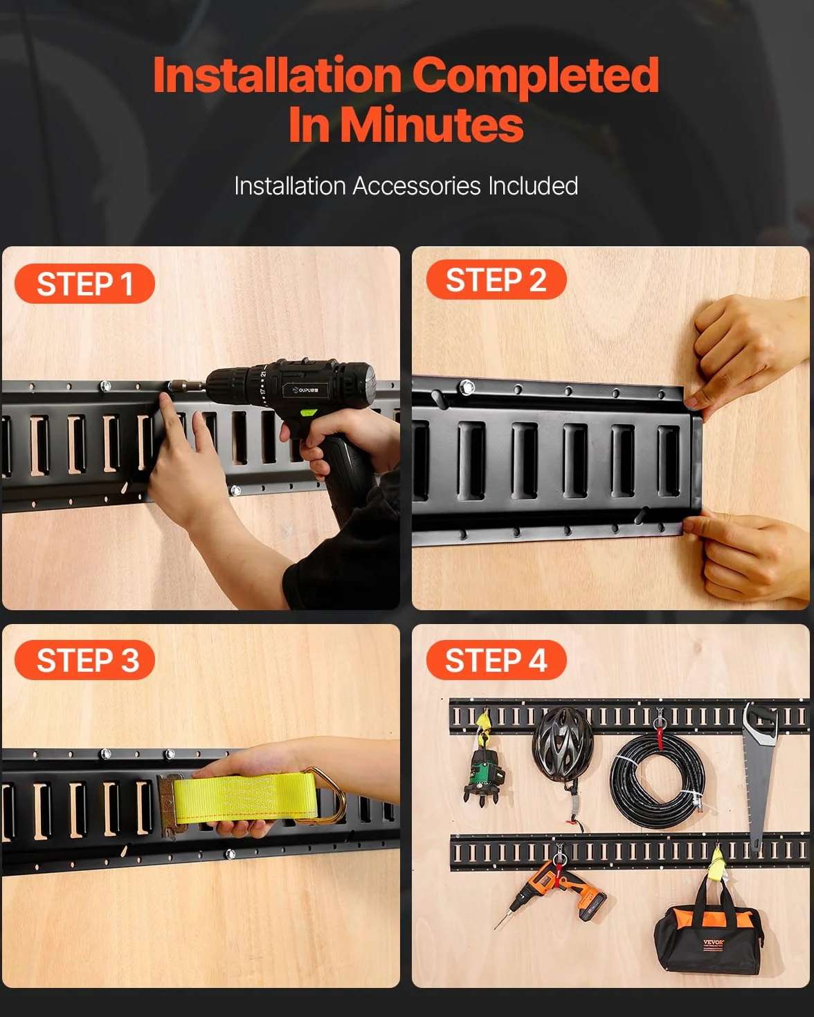 VEVOR E-Track Spannschienen-Set, 30-teilig, 1,5 m, E-Schienen-Set, enthält 4 Stahlschienen und 2 einzelne Schlitze, 8 O-Ringe und 8 Spanngurte mit D-Ring und 8 Endkappen, Sicherungszubehör für Ladung
