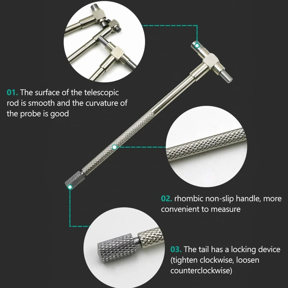 Teleskop Messgerät, 6-Teiliges Präzisions-Teleskopmessgerät, 8–150 mm Verstellbarer Innendurchmesser, Vernickelter T-Bohrungsloch-Plattierter Quadratischer Kopf für Interne Erkennung