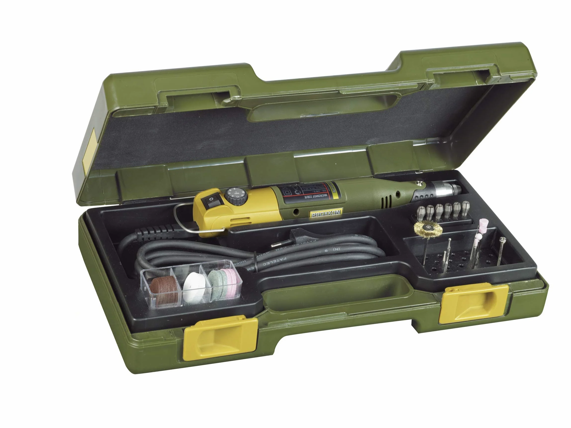 Proxxon Bohr-/Fräsgerät Micromot 230/E (mit Koffer, mit 34 Einsatzwerkzeugen, ø 37 mm, inkl. Spannzangen, Drehzahl 6.000-22.000/min) 28430