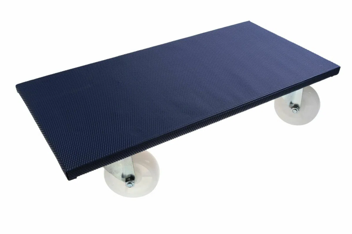SWV Möbelroller Transportroller 600 x 300 mm, 500 kg, Antirutschbelag, Multiplex-Holz 18 mm, 4 Lenkrollen Ø100 mm, blau
