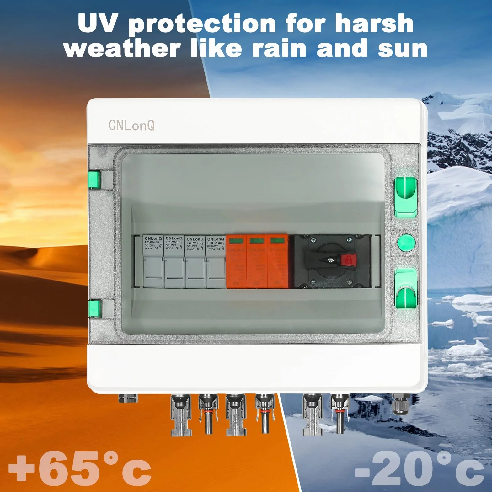 DEWIN Solar PV Combiner Box, 2 in 1 Out 2 String DC 1000V 32A Kombinierer Box 15A Sicherungen Sicherungshalter Trennschalter und Überspannungsschutz mit Wasserdichter Gehäuse
