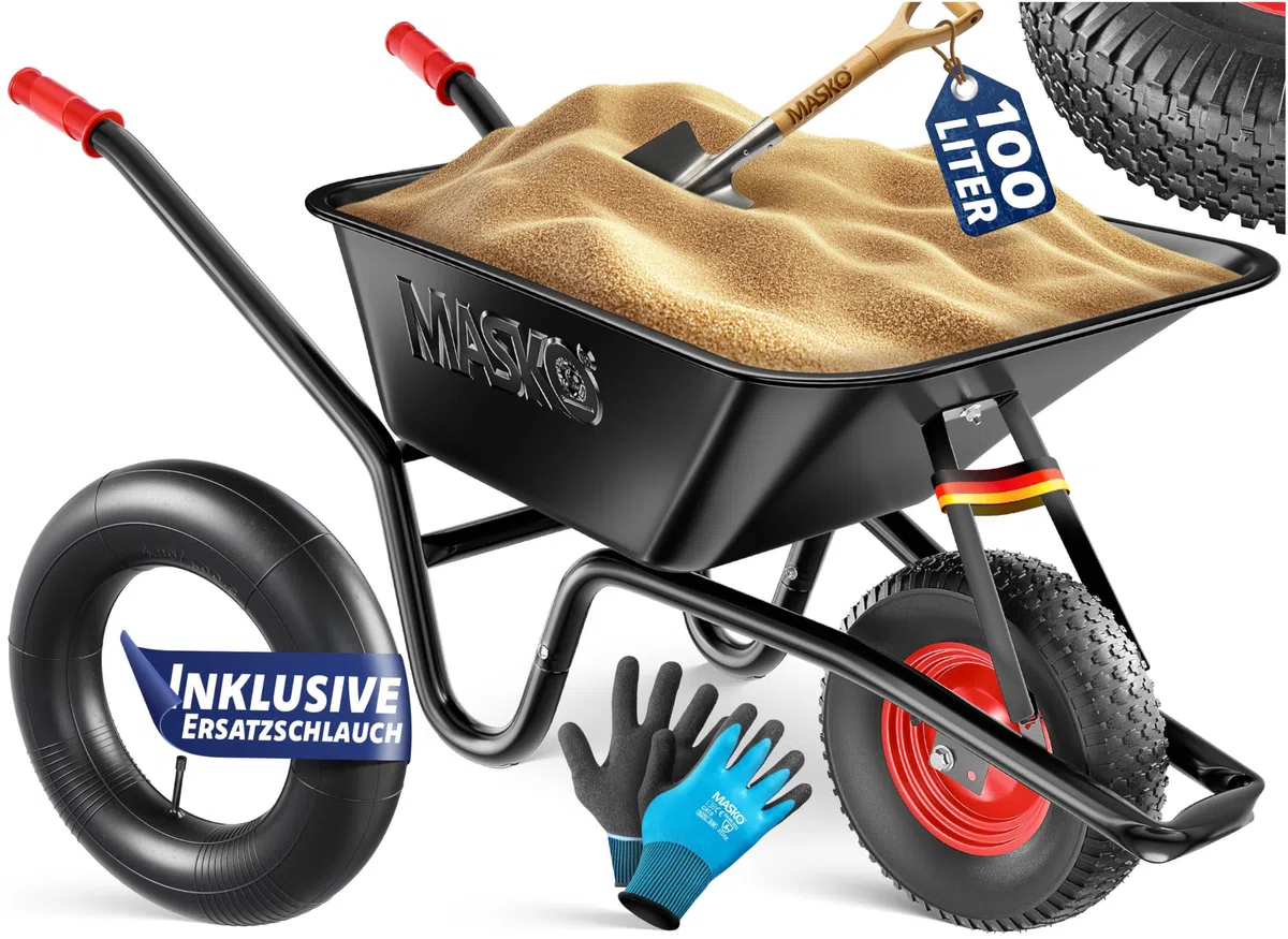 MASKO® Schubkarre Bauschubkarre Gartenschubkarre 100 Liter 250kg Luftreifen mit Stahlfelge + Ersatzschlauch Schubkarrenschlauch, verzinkt Stahlrahmen Garten Karre Schiebkarre Transportkarre Handschuhe