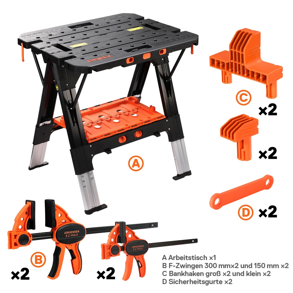 Pony 2 in 1 Werkbank klappbar bis 454kg belastbar, klappbare Sägebock mit ausziehbaren Aluminiumbeinen, Arbeitsbock mit 4 Schraubzwingen 150/300mm & 4 Stöcken, 79 x 63,5 x 89 cm
