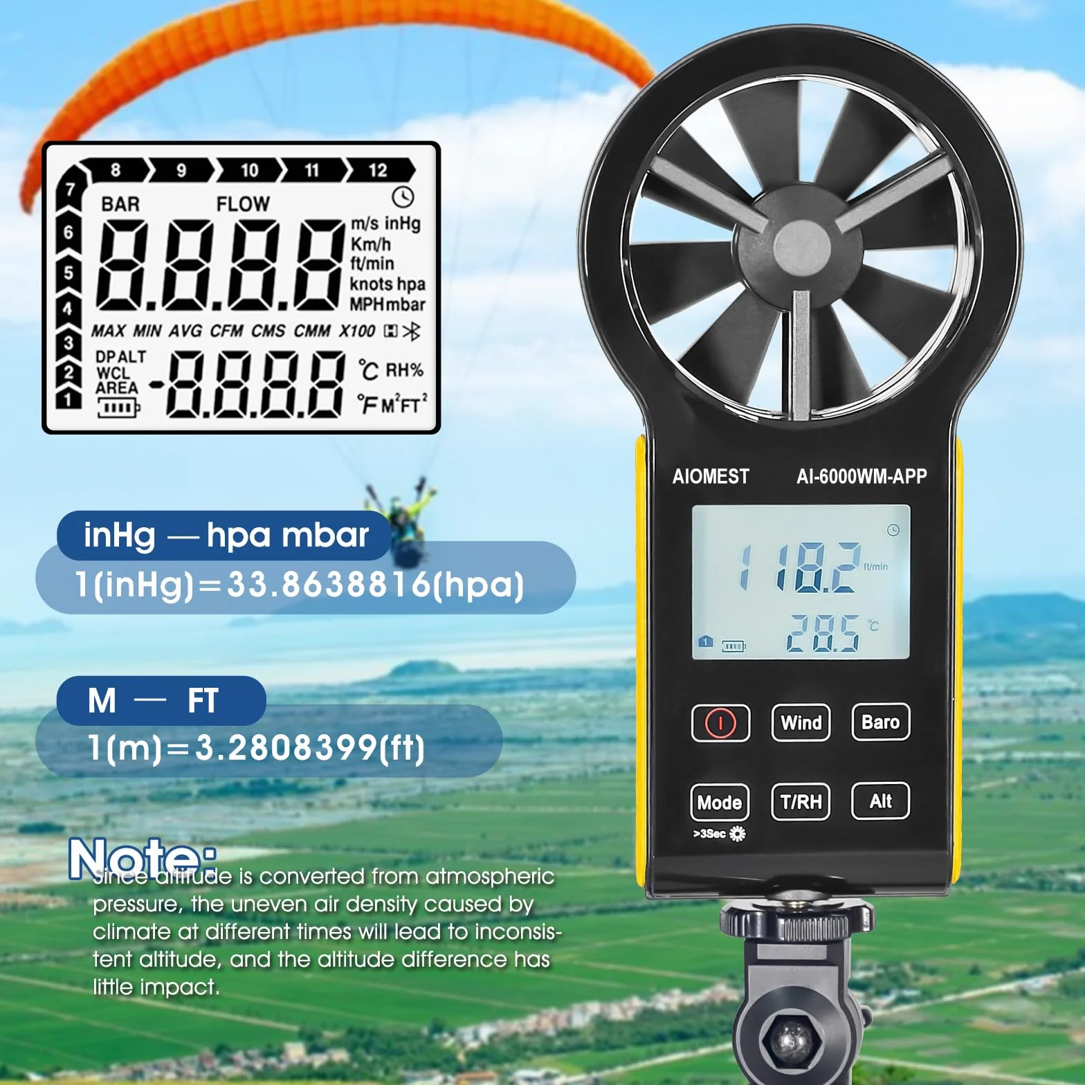AIOMEST 6000WM-APP Digitaler Anemometer Handheld Windmesser Windmessgerät CFM Wind Speed Meter mit MAX/MIN/AVG für Windgeschwindigkeit Temperatur Wind Chill Tester, HVAC
