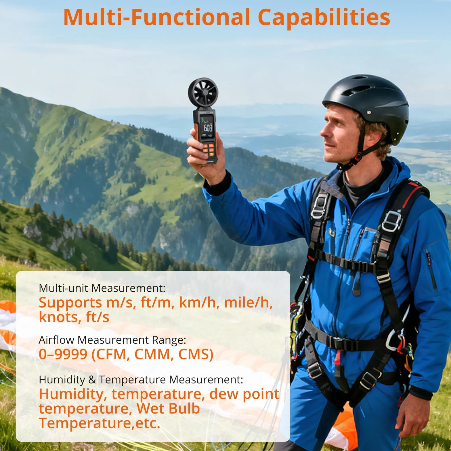 Proster Digitales Anemometer Windgeschwindigkeitsmesser（CFM CMM CMS）mit Farbdisplay und Hintergrundbeleuchtung – Luftvolumenmessgerät mit Lufttemperatur Test für Outdoor, Segeln, Schifffahrt