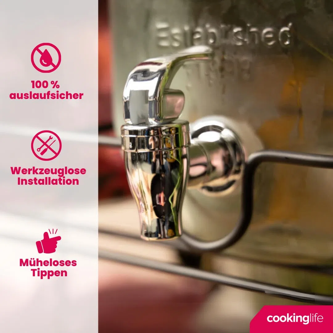 Cookinglife Getränkedispenser, Doppelt mit Ständer, 2 x 4 Liter, Glas und Stahl, Schwarz
