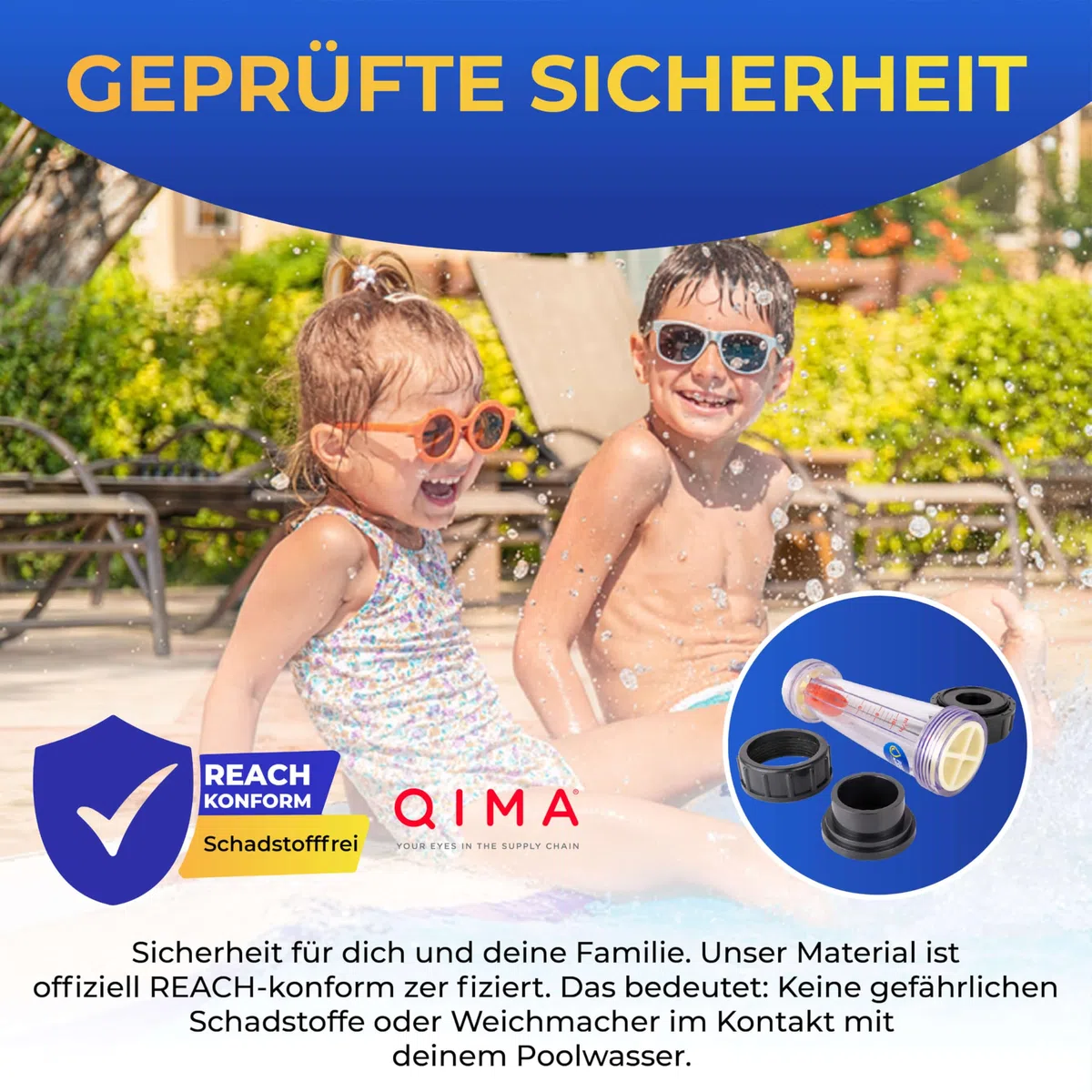 Durchflussmesser Pool 50mm, kompakt, 344mm Länge, Salt-Protect für Salzelektrolyse geeignet, Messbereich 1-10 m³/h, PoolMarie