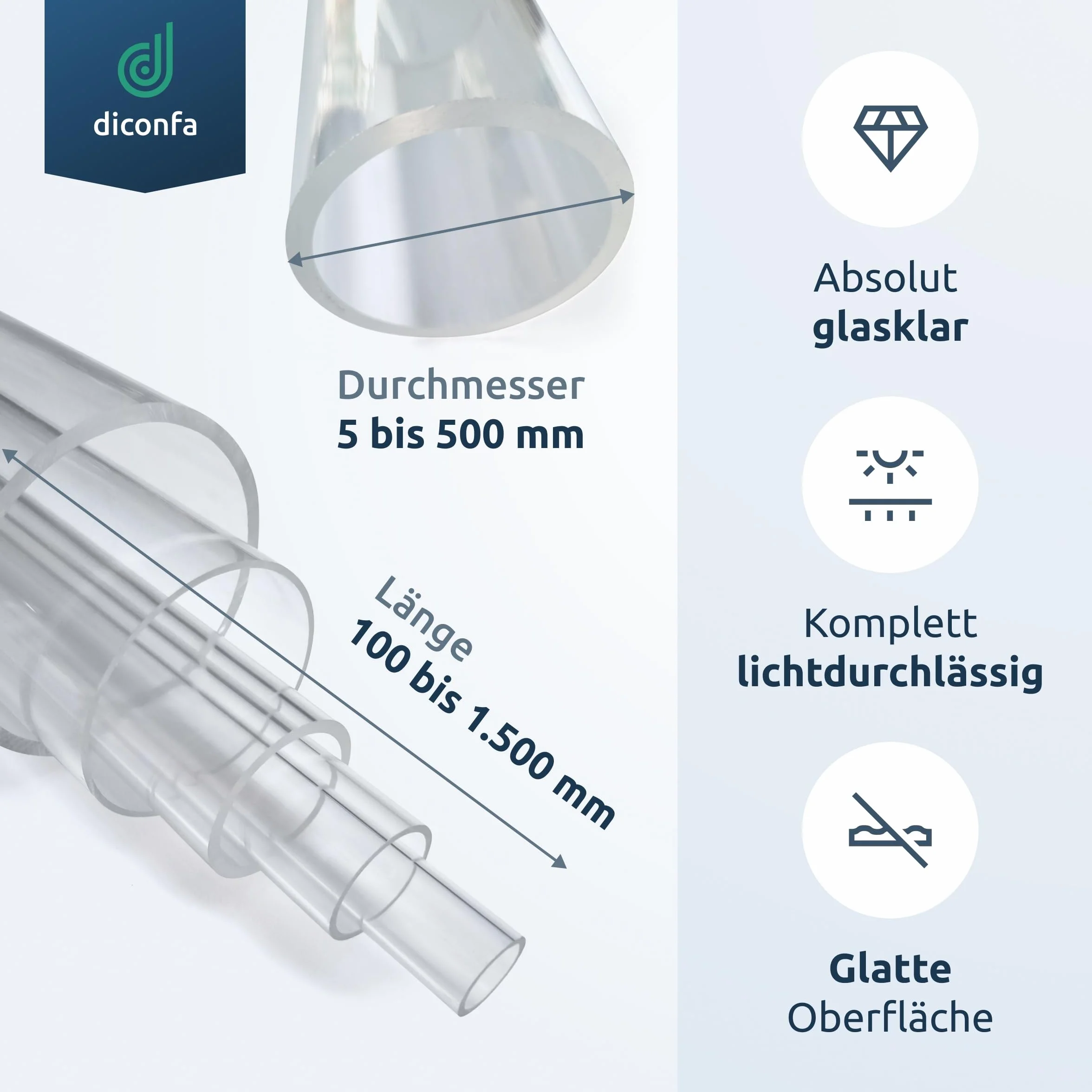 diconfa Acrylglas Kunststoff-Rohr glasklar Ø 5 bis 500mm LÄNGE: 0,1 bis 2m EINGEBEN - AUSWAHL: Durchmesser 64/58mm x 701 bis 800mm Farblos transparent Dekoration Messebau Beleuchtung Möbel