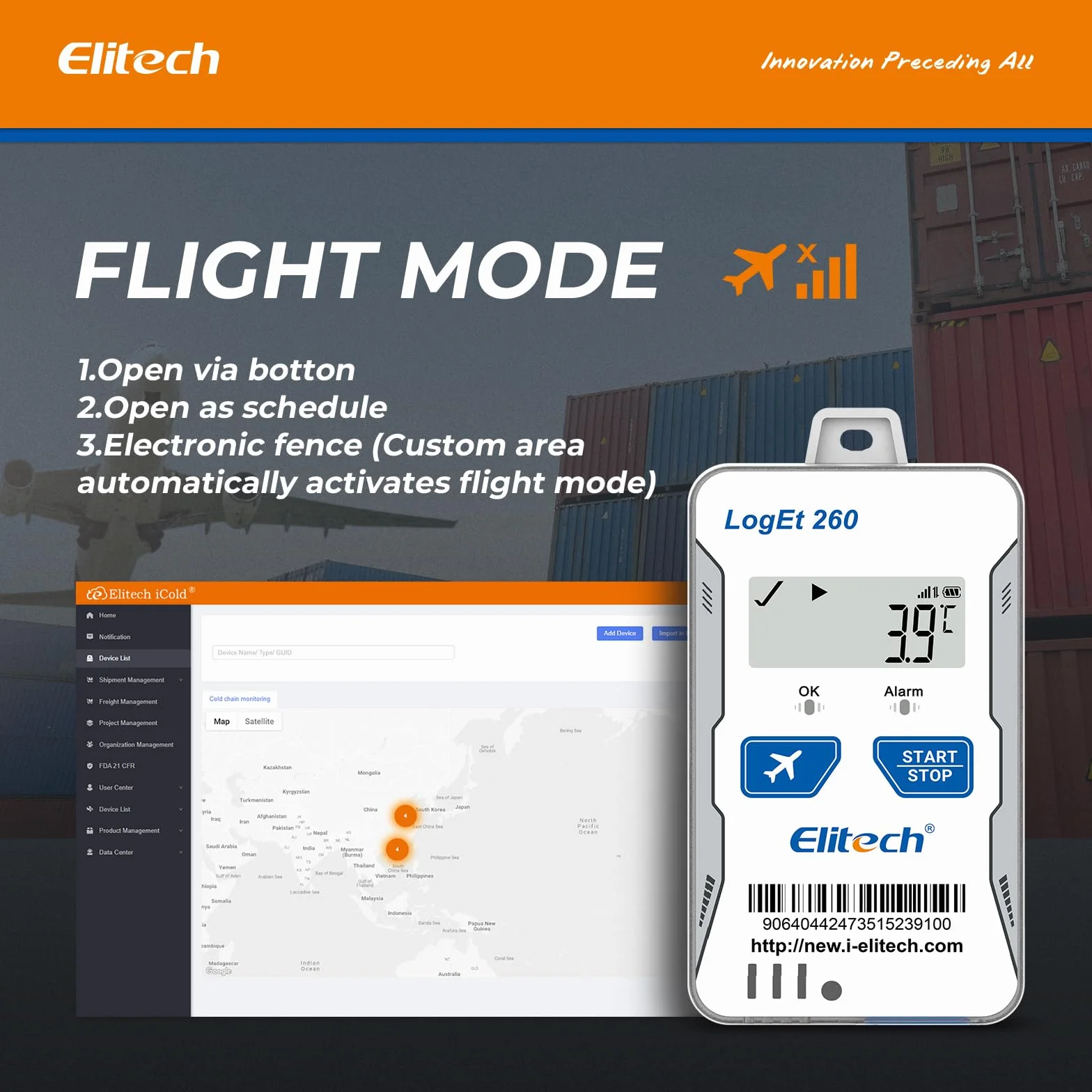 Elitech 4G LTE Echtzeit Temperatur Datenlogger für Feuchte/Licht/Erschütterung/Ortung mit SIM-Karte, Flugmodus, Cloud-Speicher, SMS/E-Mail/APP-Alarm, 100.000 Datenpunkte Loget260THE